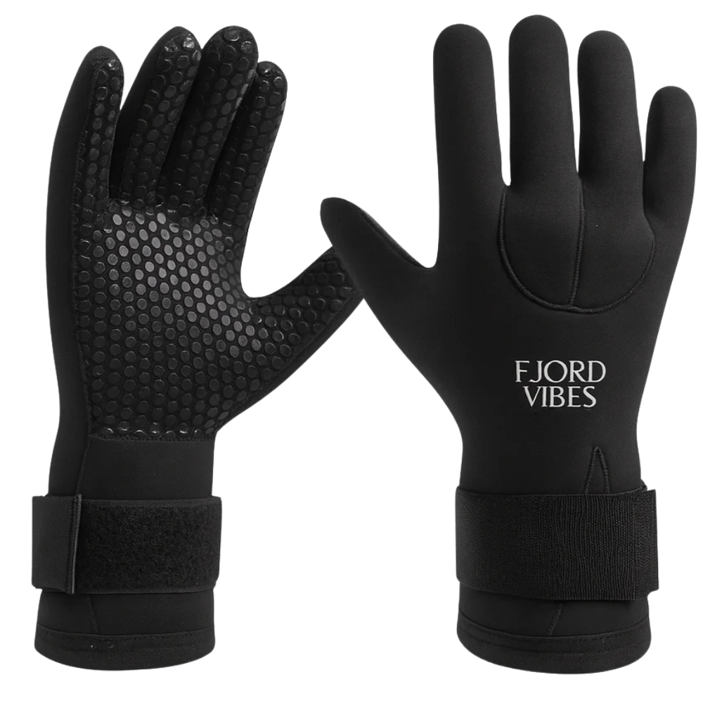 Svarte neopren hansker 5mm med Fjord Vibes logo