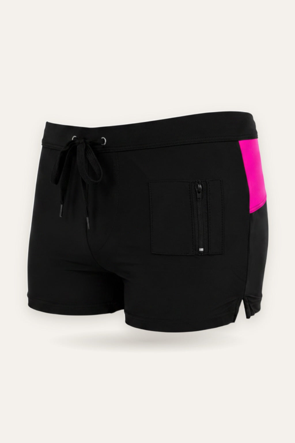 Svart badebukse Lauritz Trunk fra Fjord Vibes med rosa sidepanel og glidelåslomme – sett fra siden