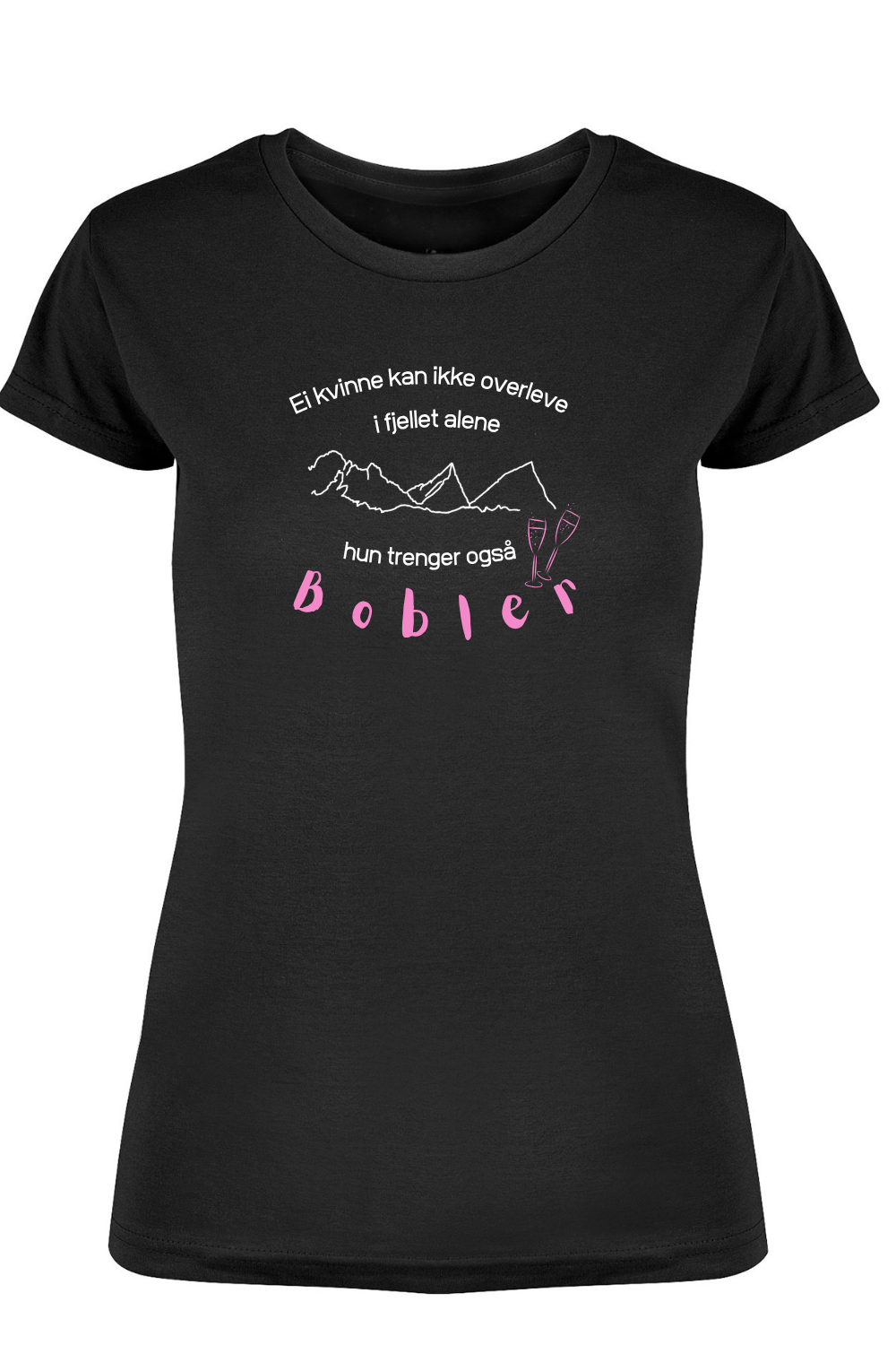 Prosecco t-skjorte for dame i svart med hvitt fjellmotiv og rosa Bobler – innsvinget dame-modell fra DoUdare.