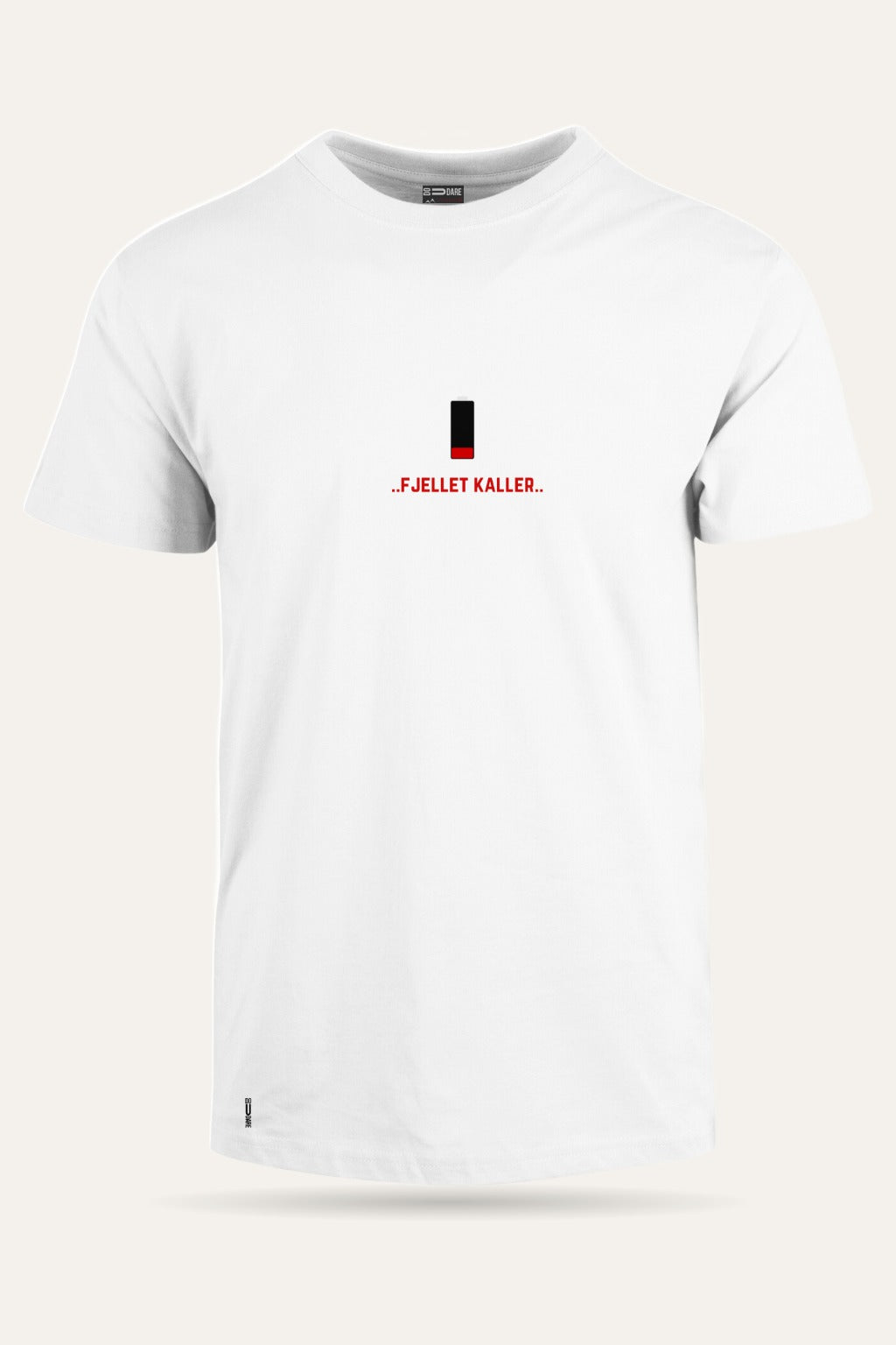 Recharge t-skjorte unisex i hvit sett forfra – viser passform og trykk – Fjord Vibes