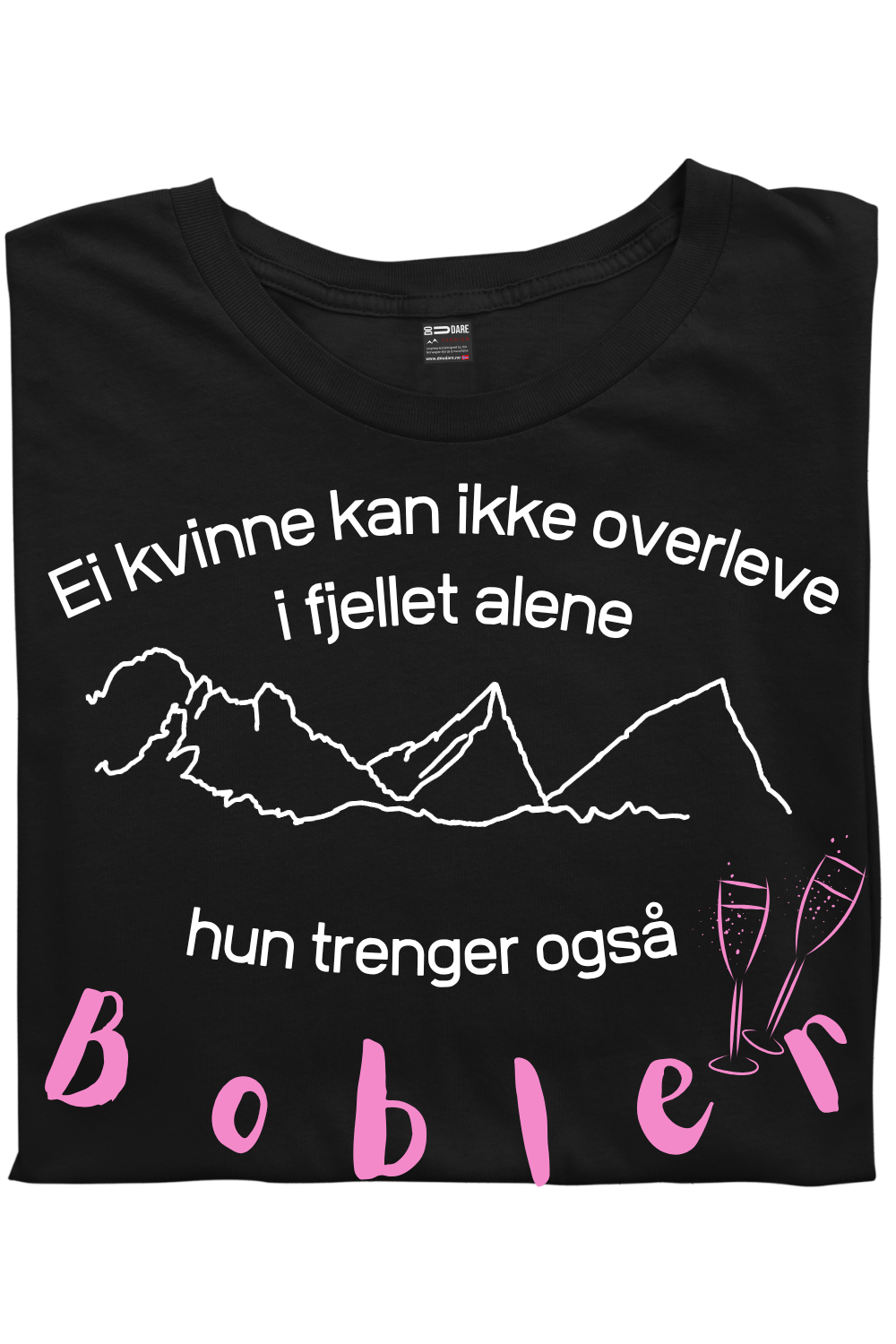 Brettet svart unisex t-skjorte med fjellmotiv, hvit tekst og rosa Bobler – prosecco t-skjorte fra DoUdare.