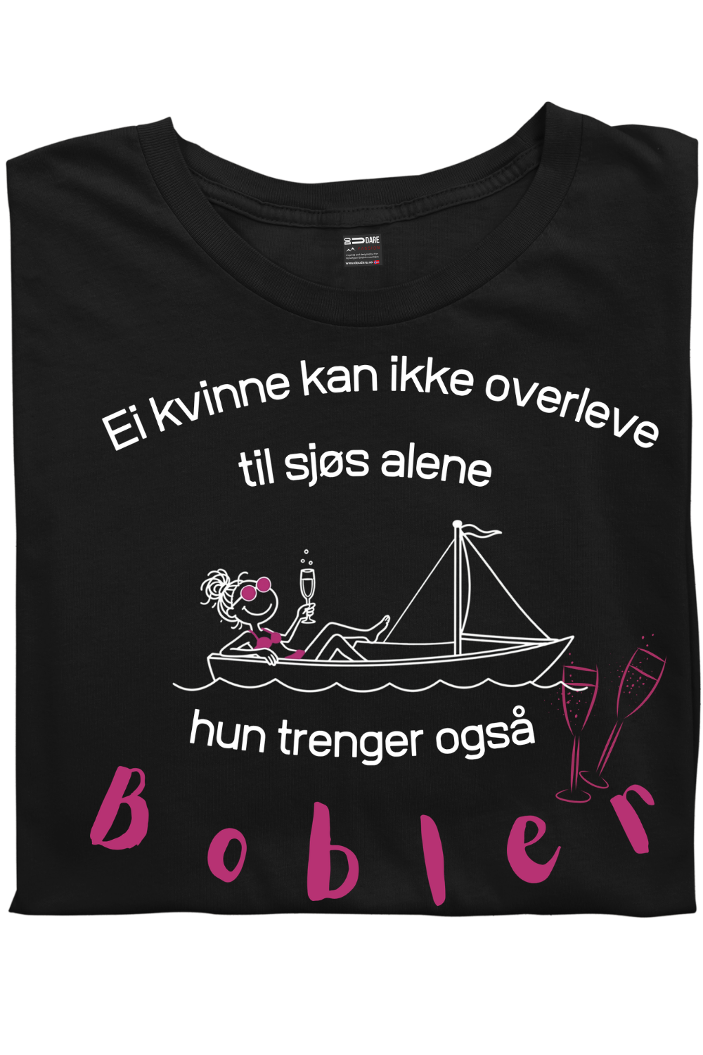 Brettet svart unisex t-skjorte med hvitt båtmotiv og rosa Bobler – prosecco t-skjorte til sjøs fra DoUdare.