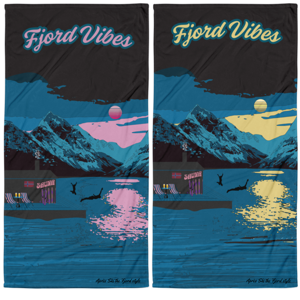 Fjord_Aapres_badehanduk_i_to_ulike_farger_med_motiv_fra_fjord_og_fjell