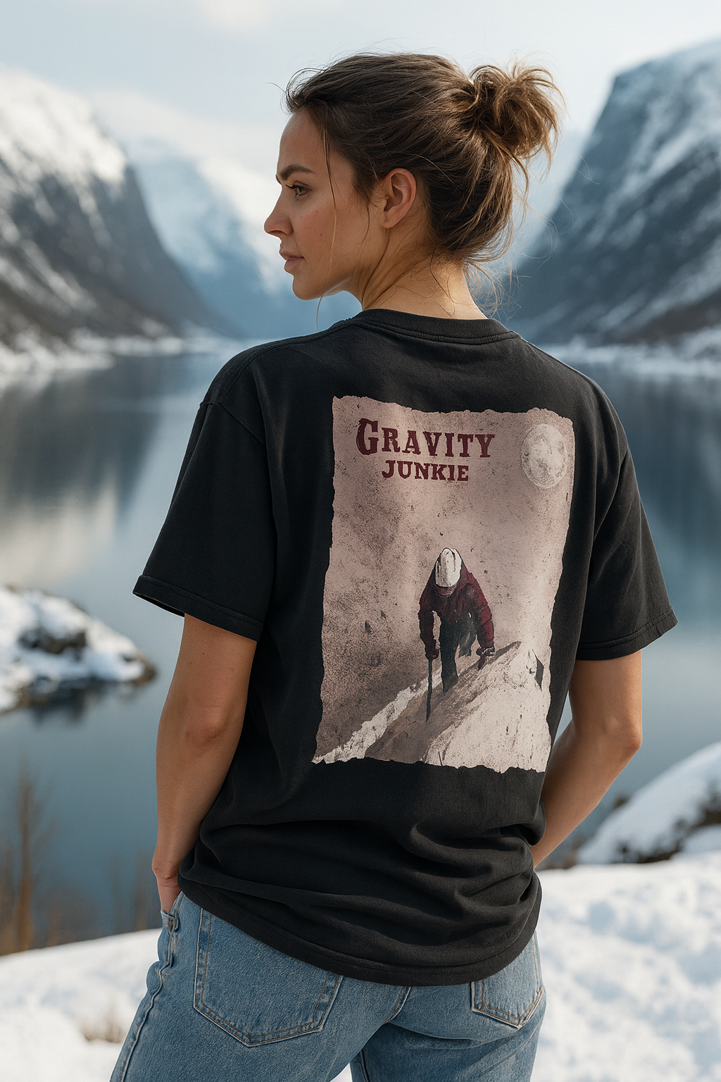 Ei dame som har på en randonnee t-skjorte i en oversized unies washed modell. Mørk grå med stort trykk på ryggen av en person som er på vei opp et fjell ved bruk av stegjern og is-øks