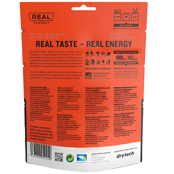 Bilde av innholdsfortegneslen til Real turmat sin Torsk i karrisaus gryte for friluftsliv - produsert av Drytech