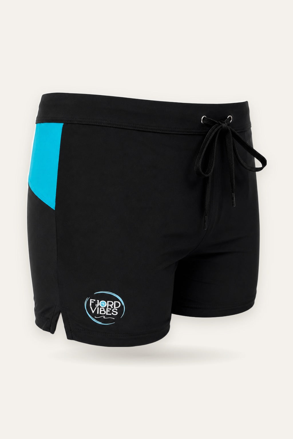 Svart badebukse Lauritz Trunk fra Fjord Vibes med turkist sidepanel og Fjord Vibes-logo – sett fra den andre siden