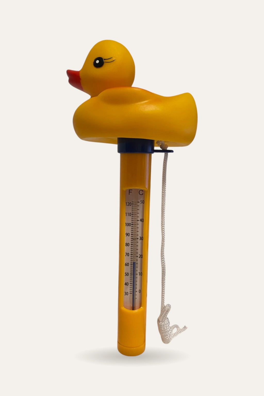 Badetermometer til isbading formet som en gul badeand, med flytende termometer i celsius og snor – Fjord Vibes