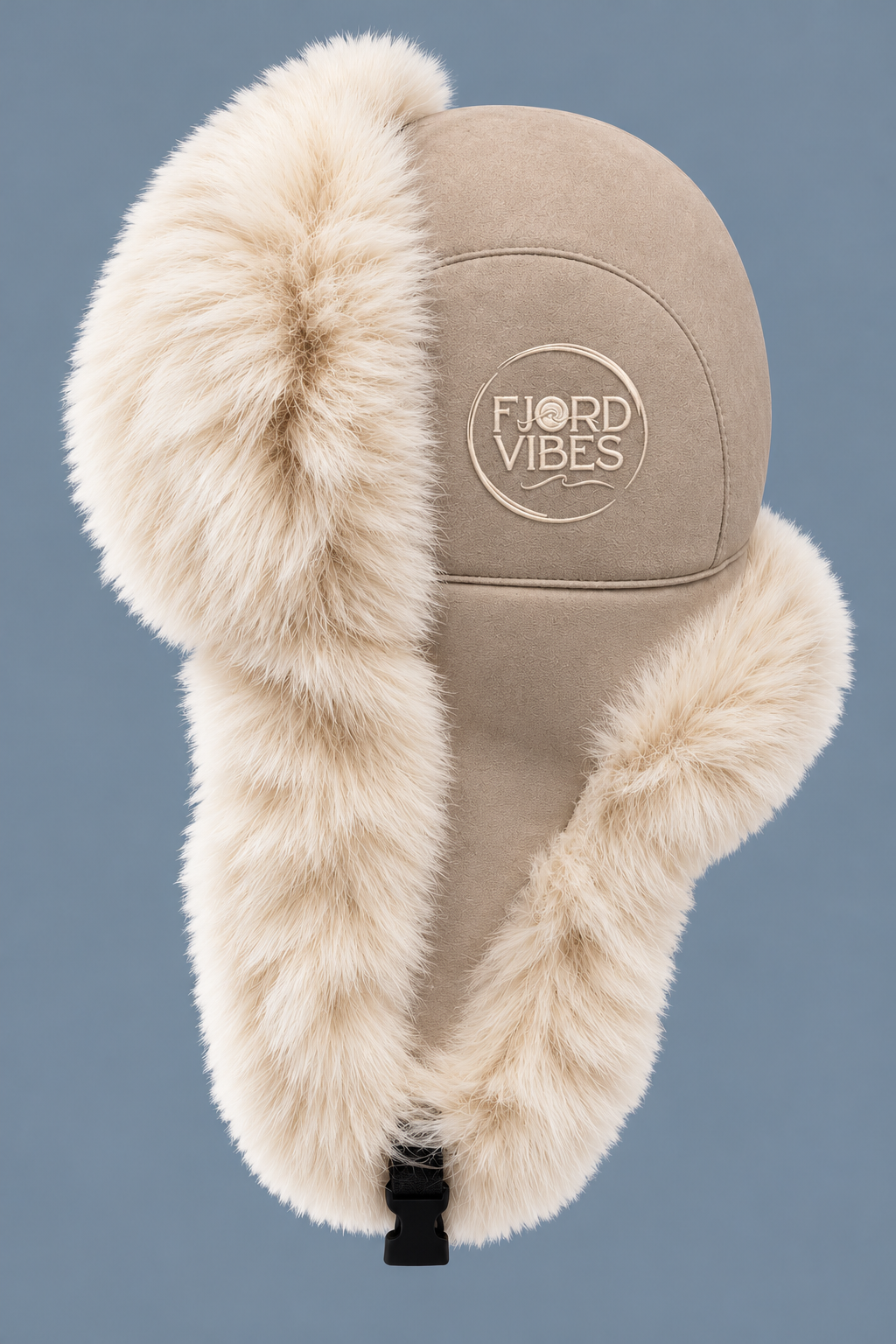 Taupe trapper lue i fuskepels fra Fjord Vibes med kremhvit pels, lange øreklaffer og brodert logo på siden