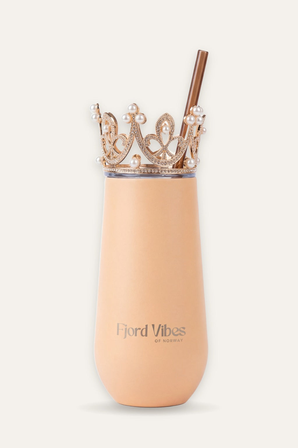 Champagnefarget prosecco termokopp med rosegull prinsessekrone og sugerør – Fjord Vibes