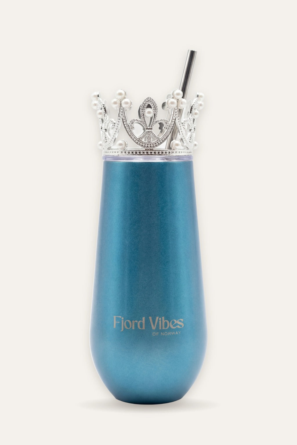 Prosecco termokopp i metallic blue med sølvfarget prinsessekrone og sugerør i rustfritt stål – Fjord Vibes