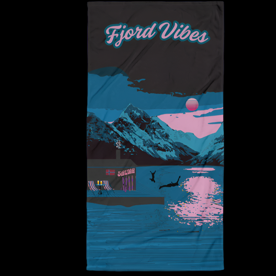 rosa og blå badehanduk fjordvibes med motiv fra fjord og fjell