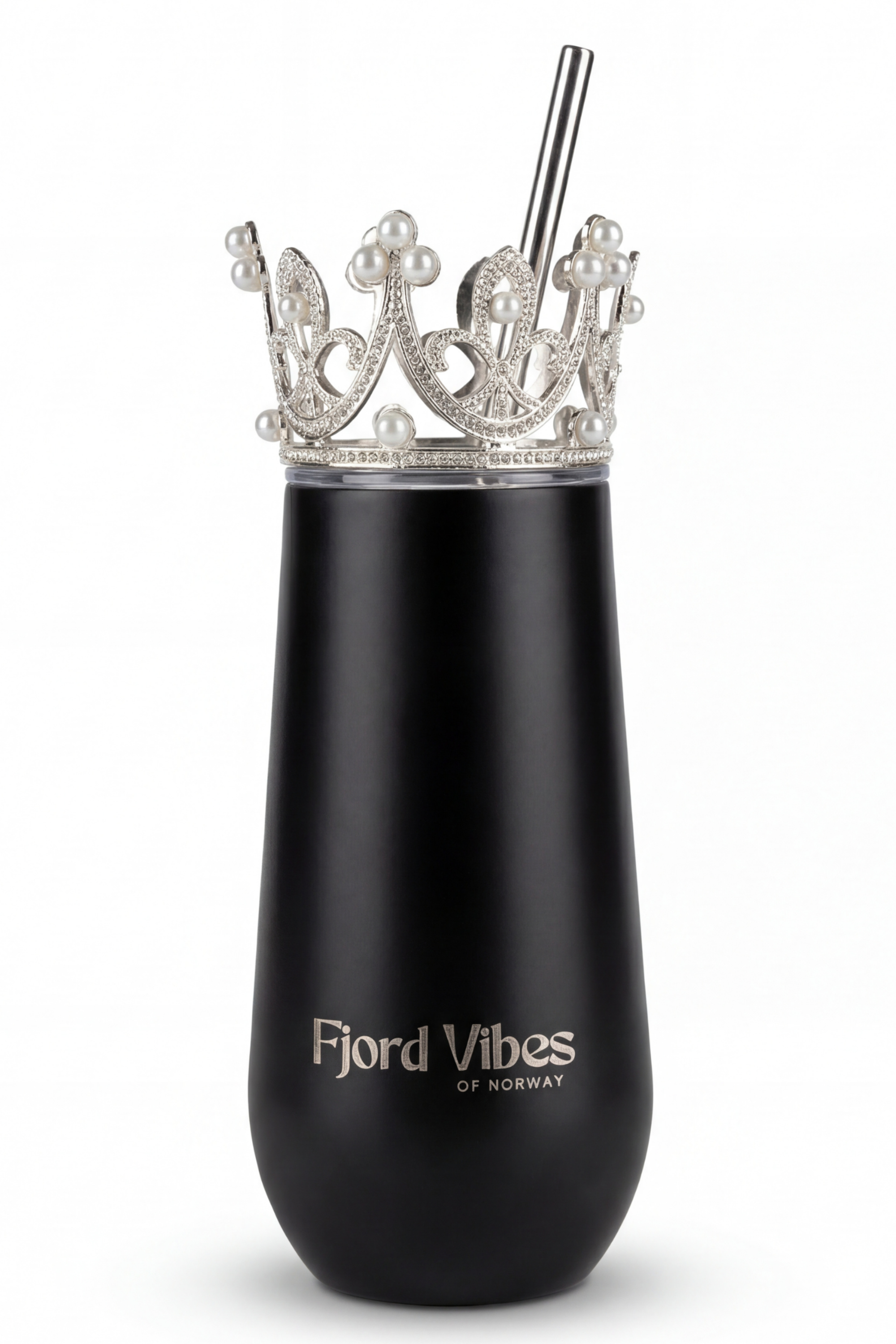 Prosecco  - Champagne termokopp - Svart termokopp proseccokopp med prinsessekrone og sugerør fjord vibes of norway